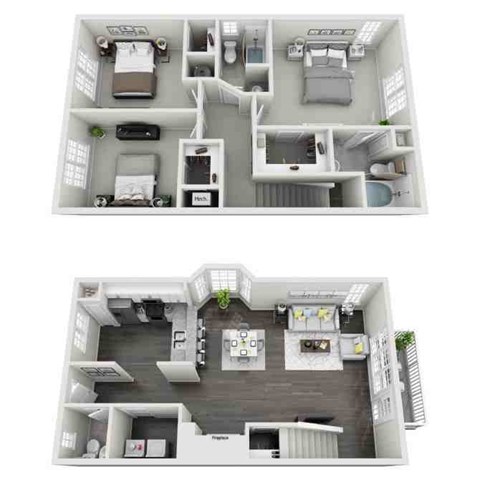 Floor plan for 3 beds, 2.5 baths, 1555 sqft