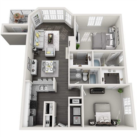 Floor plan for 2 beds, 2 baths, 1190 sqft