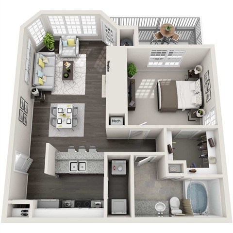 Floor plan for 1 bed, 1 bath, 889 sqft