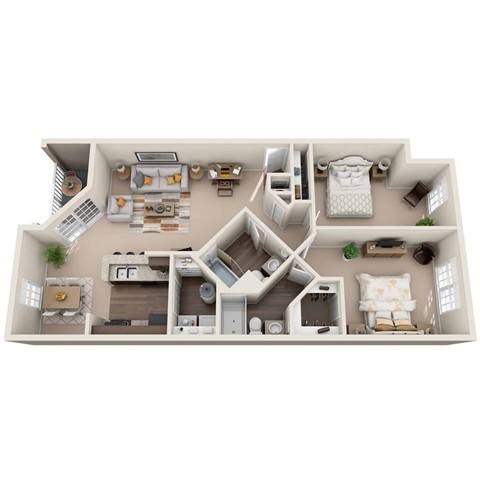 Floor plan for 2 beds, 2 baths, 1105 sqft