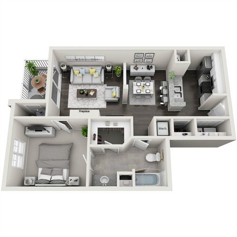 Floor plan for 1 bed, 1 bath, 822 sqft