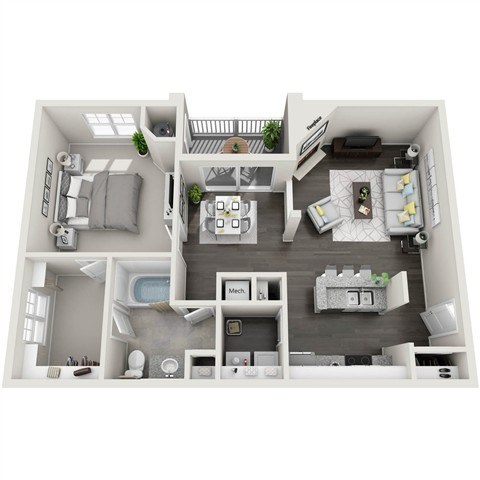 Floor plan for 1 bed, 1 bath, 934 sqft