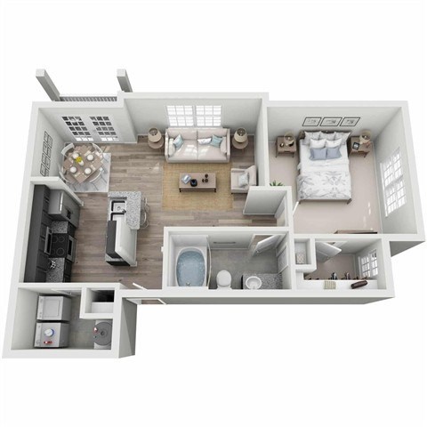 Floor plan for 1 bed, 1 bath, 681 sqft