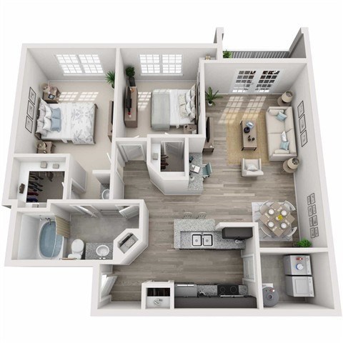 Floor plan for 2 beds, 1 bath, 985 sqft