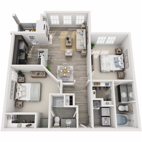 Floor plan for 2 beds, 2 baths, 1005 sqft