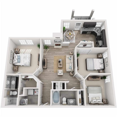 Floor plan for 3 beds, 2 baths, 1215 sqft