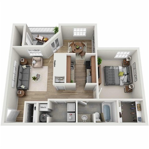 Floor plan for 1 bed, 1 bath, 676 sqft