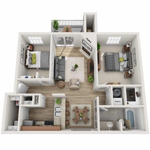Floor plan for 1 bed, 1 bath, 890 sqft