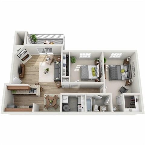 Floor plan for 2 beds, 1 bath, 848 sqft