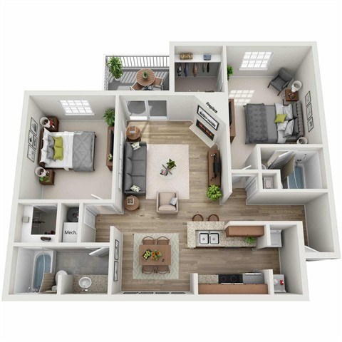 Floor plan for 2 beds, 2 baths, 972 sqft