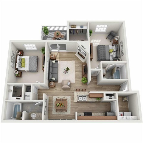 Floor plan for 2 beds, 2 baths, 1000 sqft