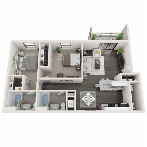 Floor plan for 2 beds, 2 baths, 942 sqft