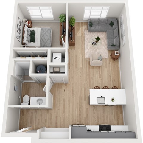 Floor plan for 1 bed, 1 bath, 734 sqft