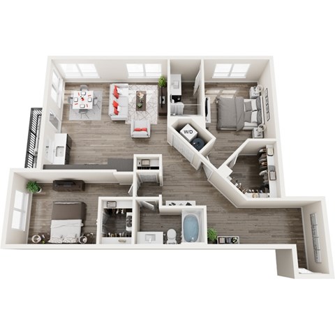 Floor plan for 2 beds, 2 baths, 1249 sqft