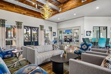 San Antonio apartment for rent - A living room with a grey sofa and a wooden ceiling.