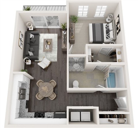Floor plan for 1 bed, 1 bath, 744 sqft