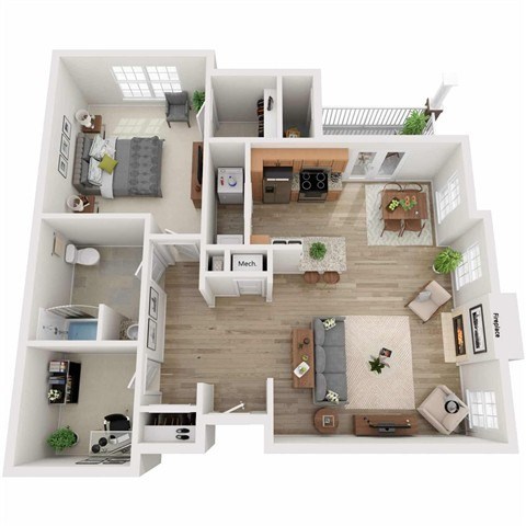 Floor plan for 1 bed, 1 bath, 942 sqft