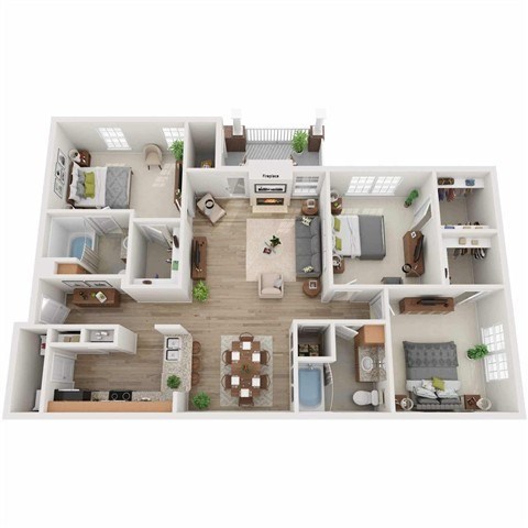 Floor plan for 3 beds, 2 baths, 1312 sqft