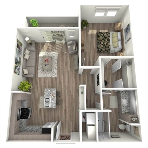 Floor plan for 1 bed, 1 bath, 742 sqft