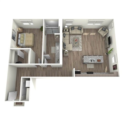 Floor plan for 1 bed, 1 bath, 957 sqft