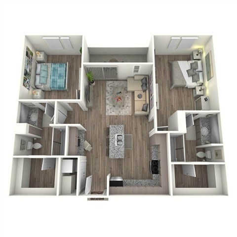 Floor plan for 2 beds, 2 baths, 1073 sqft