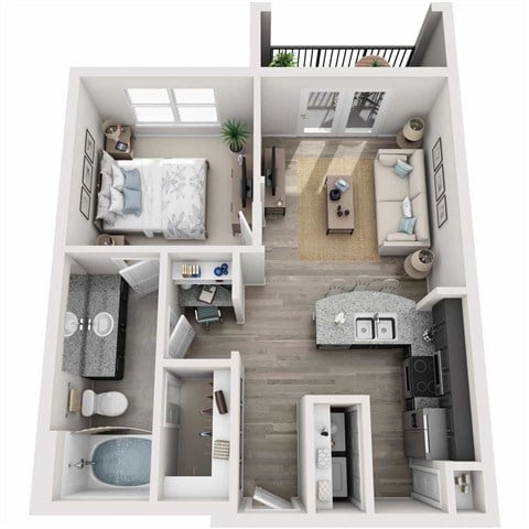 Floor plan for 1 bed, 1 bath, 675 sqft
