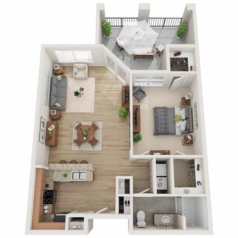 Floor plan for 1 bed, 1 bath, 883 sqft