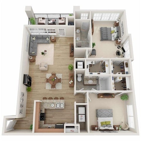 Floor plan for 2 beds, 2 baths, 1357 sqft