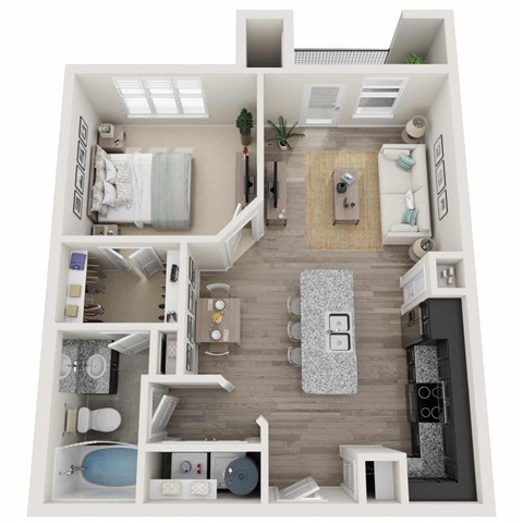Floor plan for 1 bed, 1 bath, 675 sqft