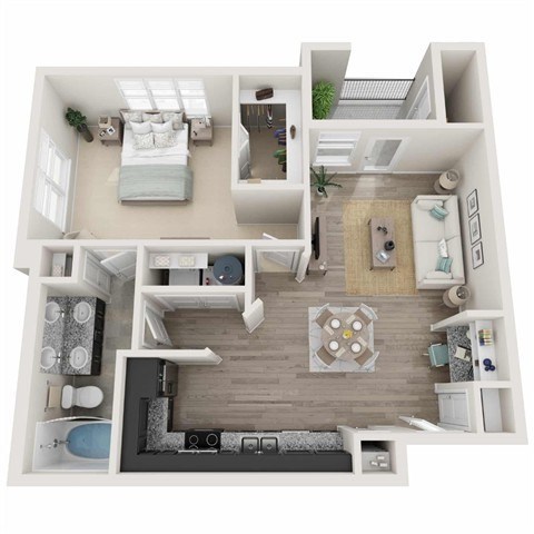 Floor plan for 1 bed, 1 bath, 748 sqft