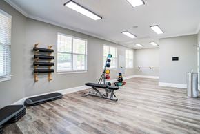 Huntersville apartment for rent - A gym with a bench, weights, and a row of windows.