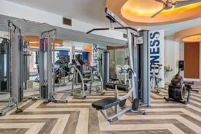 Prospect apartment for rent - A gym with a variety of equipment including treadmills, weights, and exercise machines.