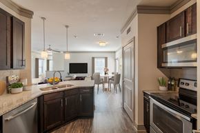 Prosper apartment for rent - A modern kitchen with dark wood cabinets and stainless steel appliances.