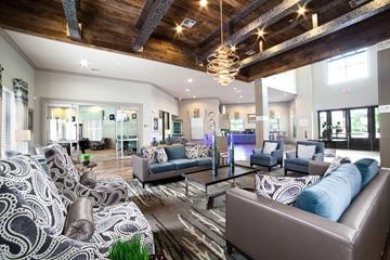 San Antonio apartment for rent - A living room with a patterned couch and a wooden ceiling.