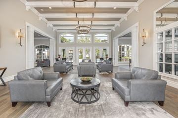Tampa apartment for rent - A living room with grey couches and a coffee table.