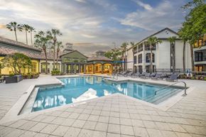 Tampa apartment for rent - A large outdoor swimming pool surrounded by lounge chairs and palm trees.