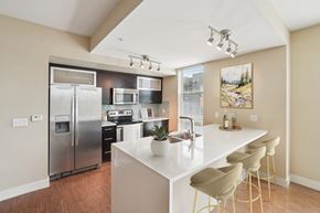 Denver apartment for rent - A kitchen with a white counter top and stainless steel appliances.