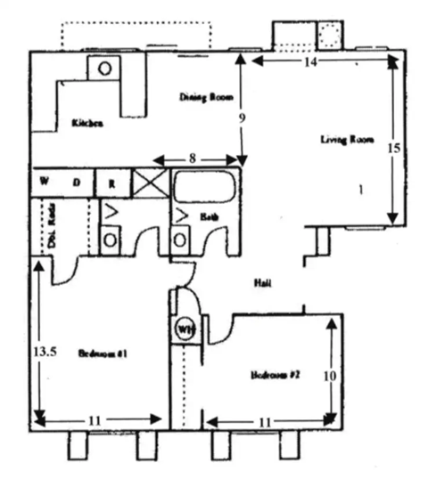 Floor plan for 2 beds, 2 baths, 919 sqft
