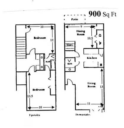 Floor plan for 2 beds, 1.5 baths, 900 sqft