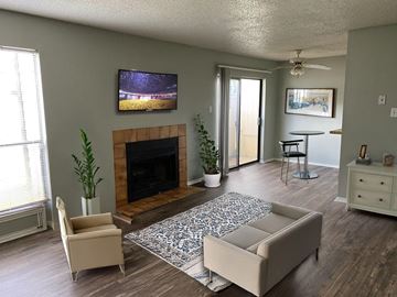 Nacogdoches apartment for rent - A living room with a fireplace and a television mounted above it.
