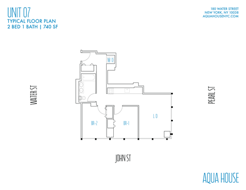 Floor plan for 2 beds, 1 bath, 740 sqft