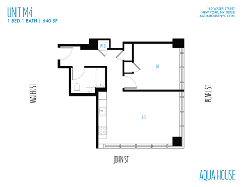 Floor plan for 1 bed, 1 bath, 640 sqft