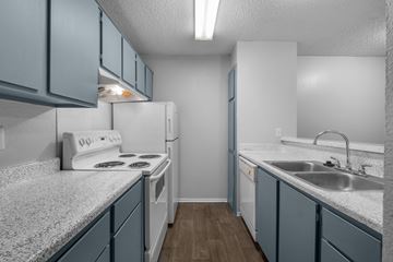 Mesquite apartment for rent - A kitchen with a white stove and blue cabinets.