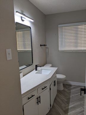 Austin apartment for rent - A bathroom with a sink, toilet, and mirror.