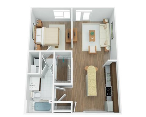 Floor plan for 1 bed, 1 bath, 696 sqft