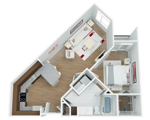 Floor plan for 1 bed, 1 bath, 730 sqft