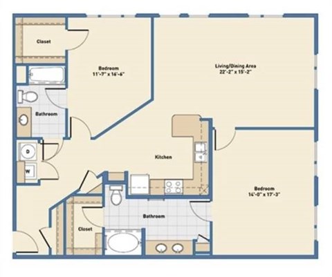 Floor plan for 2 beds, 2 baths, 1431 sqft