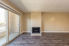 La Mesa apartment for rent - A living room with a fireplace and sliding glass doors.