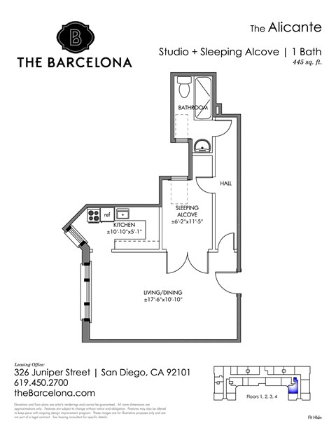 Floor plan for studio, 1 bath, 442 sqft