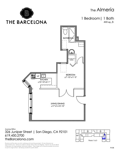 Floor plan for 1 bed, 1 bath, 446 sqft